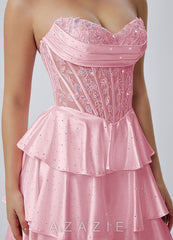 Maude Pink Strapless Floral Lace Corset Tiered Satin Mini Dress