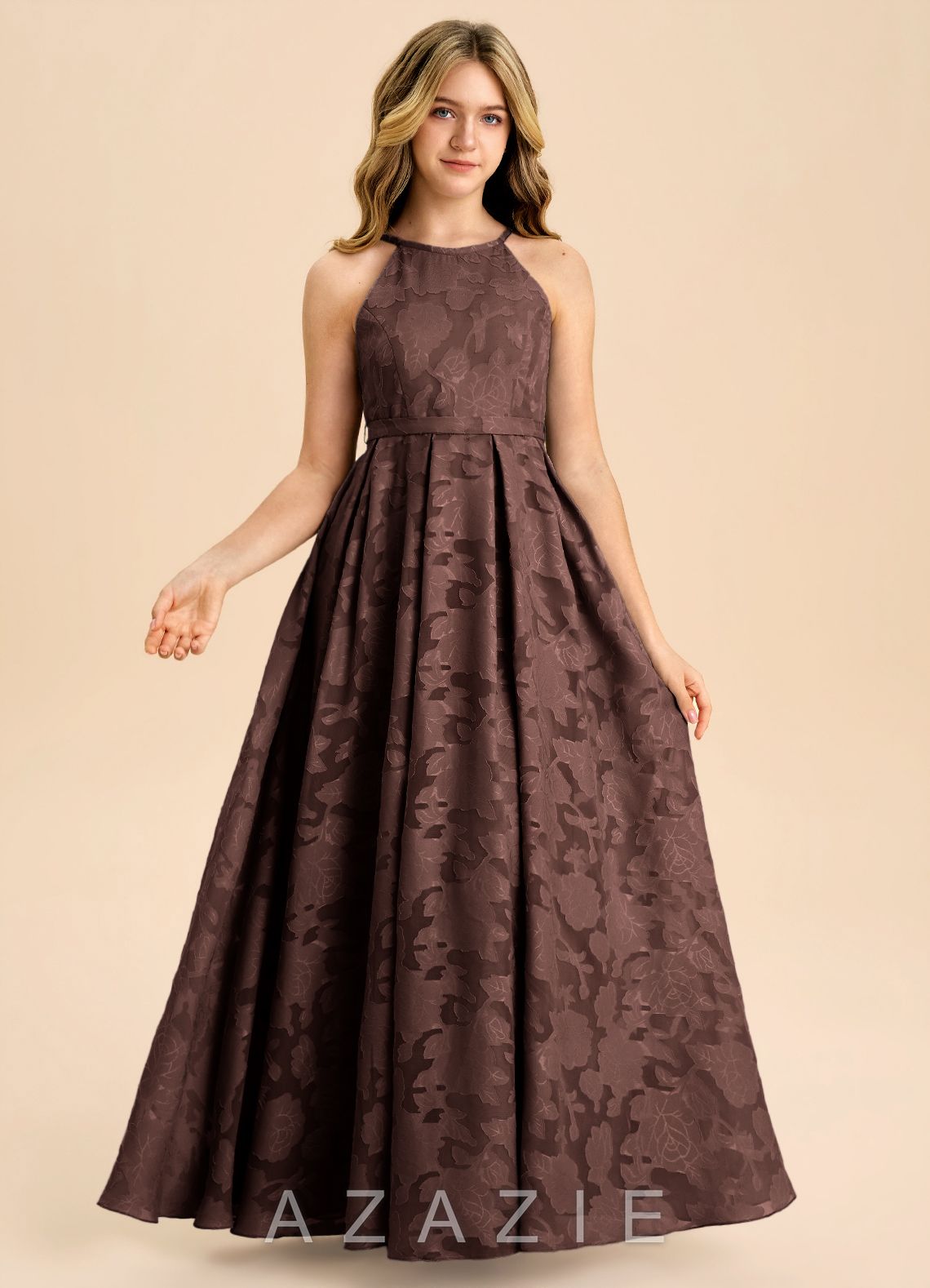 Azazie Arianthe Junior Ganache A-Line Pleated Floral Burnout Dress ganache