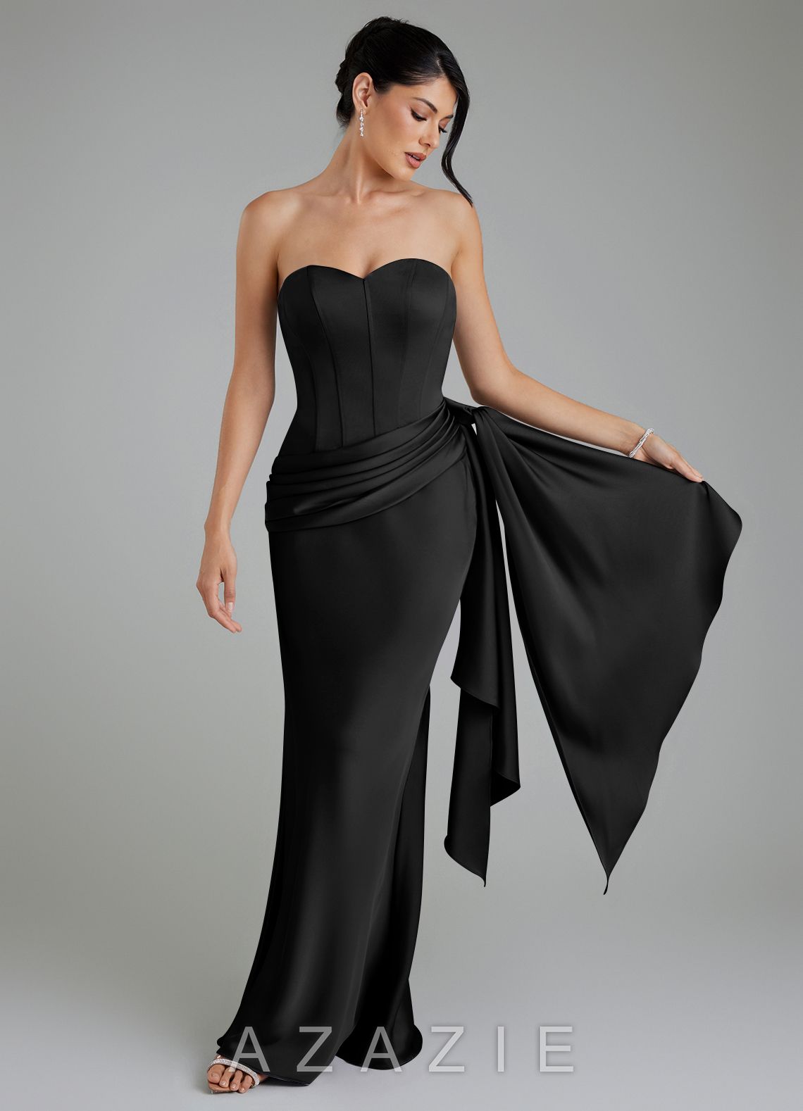 Azazie Draya Black Mermaid Strapless Stretch Satin Dress black