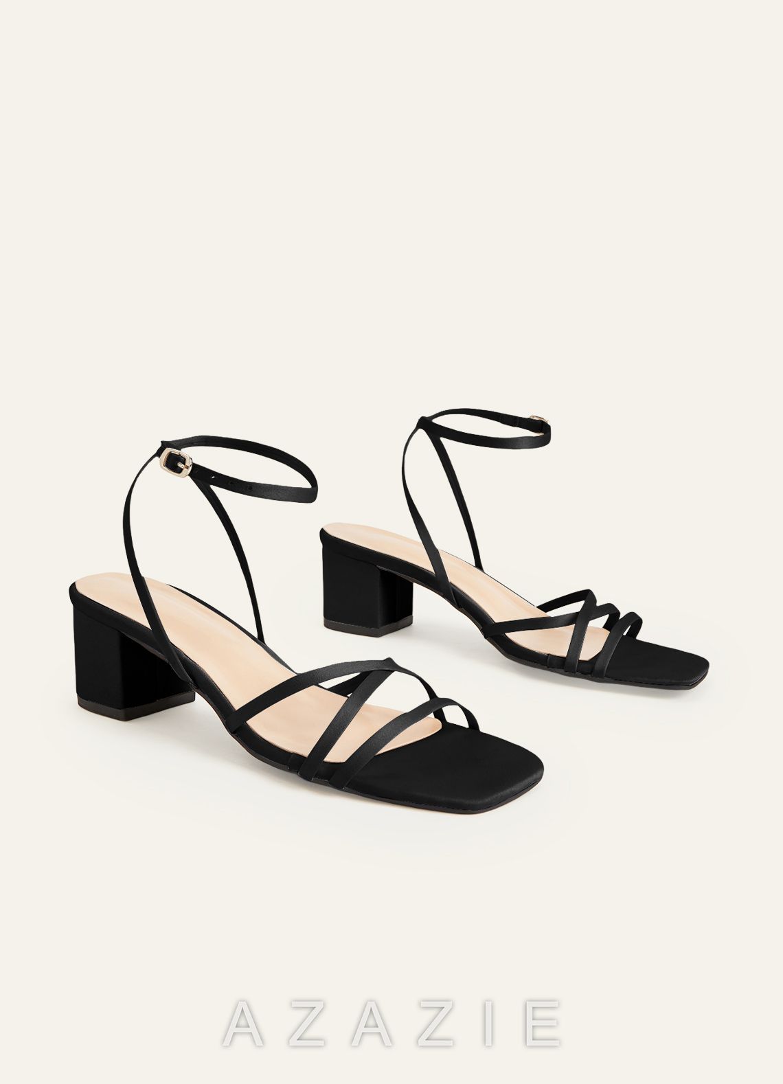 Matching Color Matte Satin Cross Strips Block Heel Sandals  black