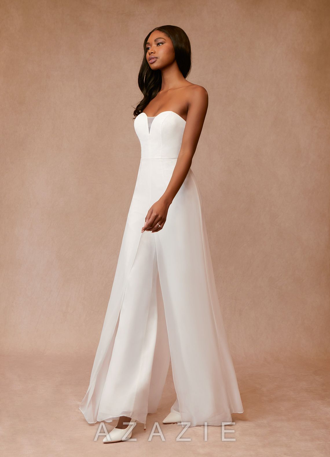 Azazie Tamara Wedding Dress Diamond White Pant Styles Strapless Chiffon Dress diamond_white
