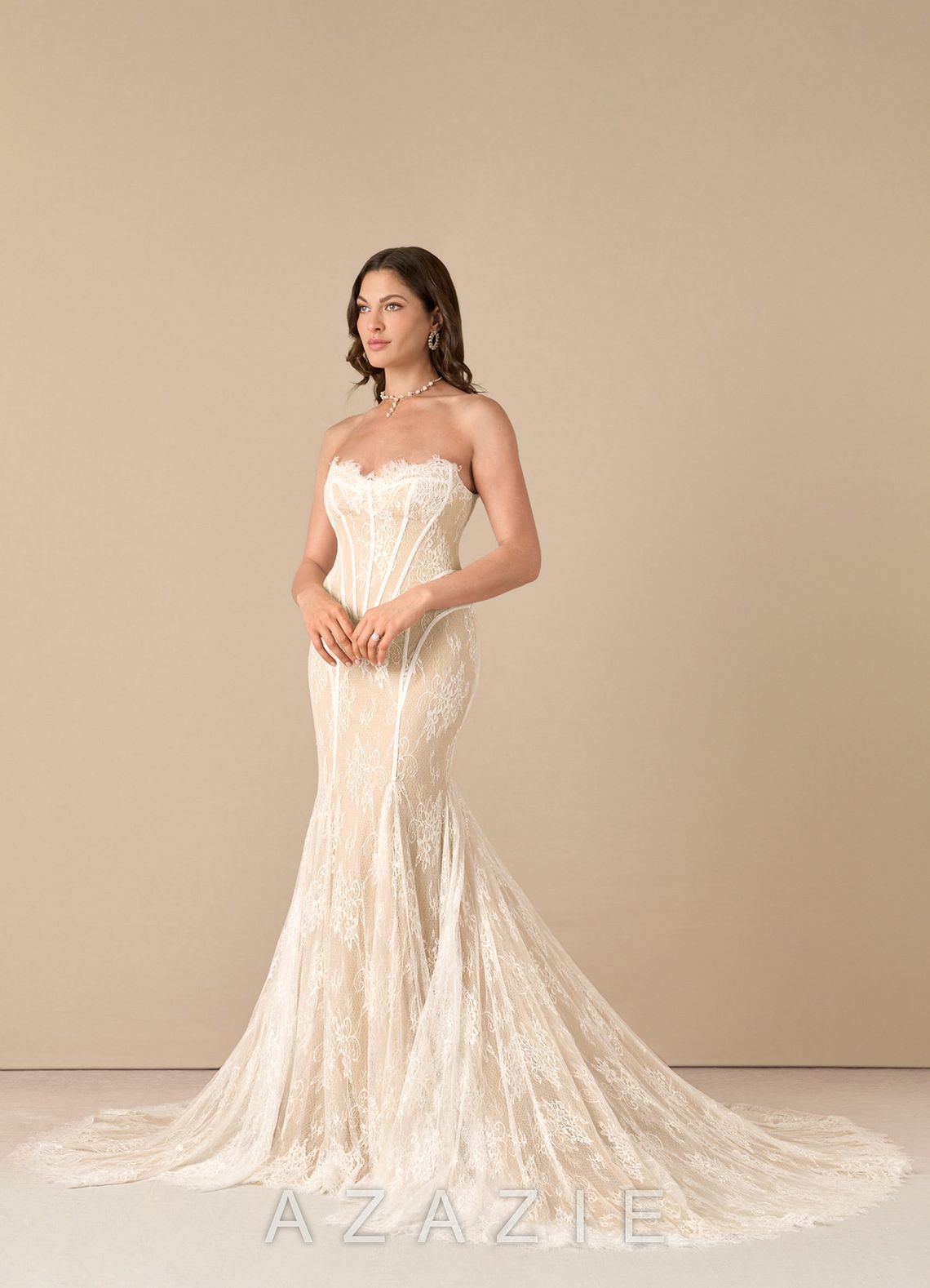 Azazie Katherine Wedding Dress Diamond White Champagne Mermaid Off the Shoulder Tulle Dress diamond_white/champagne