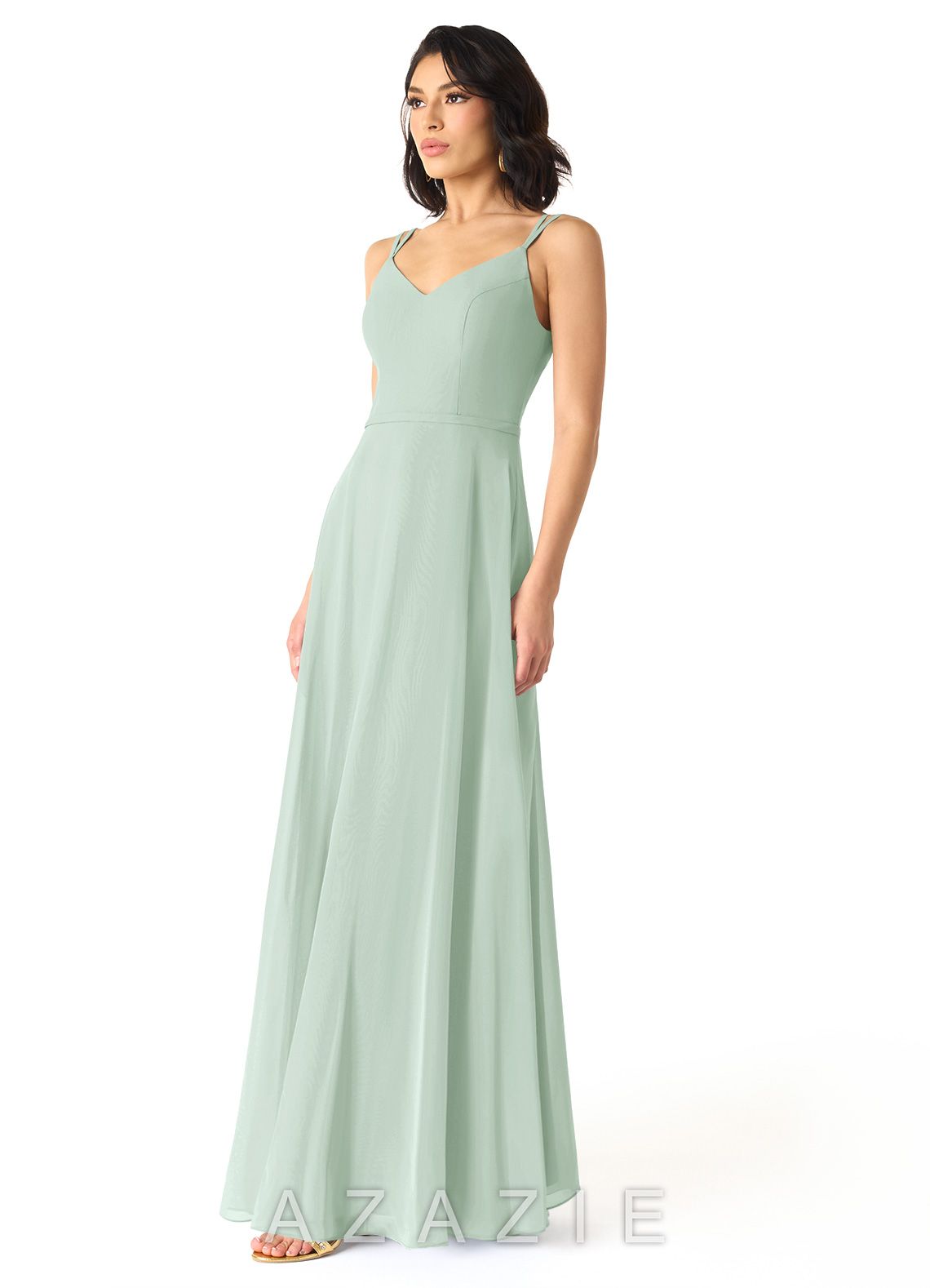 Azazie Janine Agave A-Line V-Neck Chiffon Dress agave