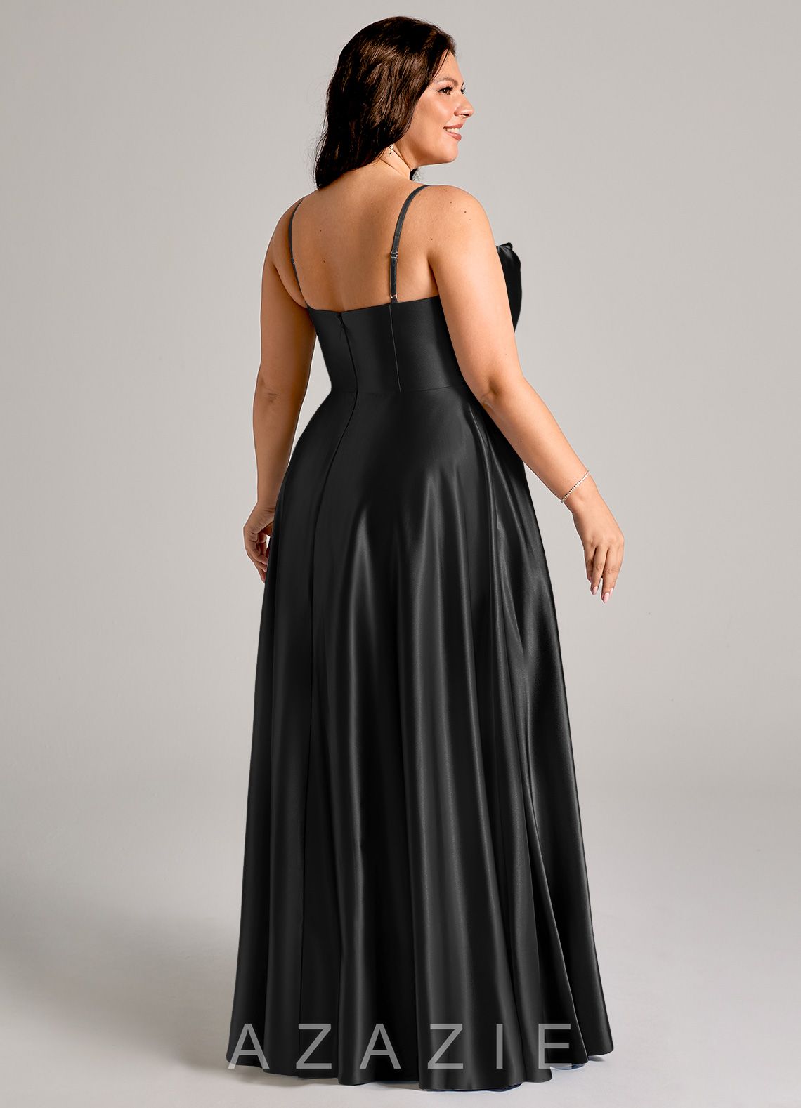 Azazie Elle Black A-Line with Pockets Metallic Satin Dress black