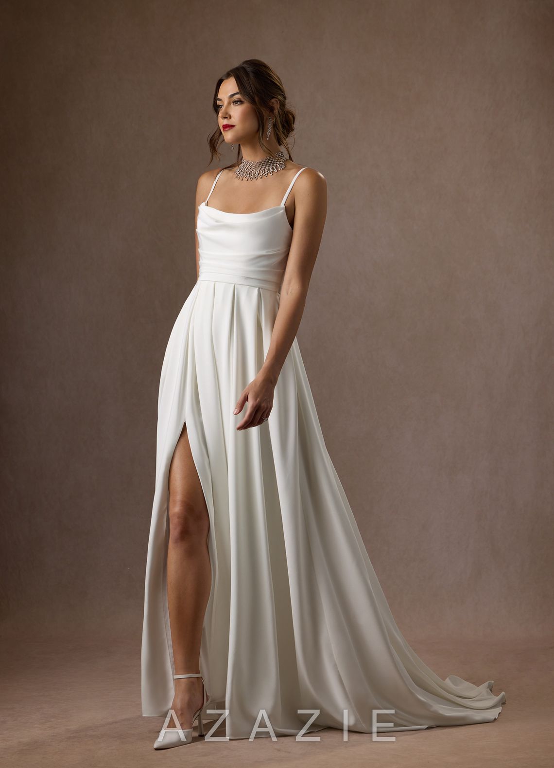 Azazie Caymus Wedding Dress Diamond White A-Line Scoop Pleated Crepe Back Satin Dress diamond_white