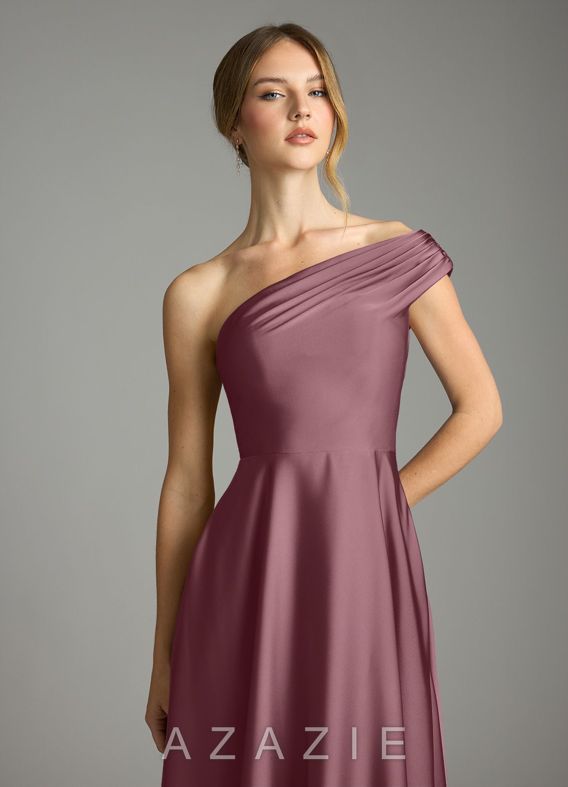 Azazie Melanie Amethyst A-Line Off the Shoulder Stretch Satin Dress amethyst