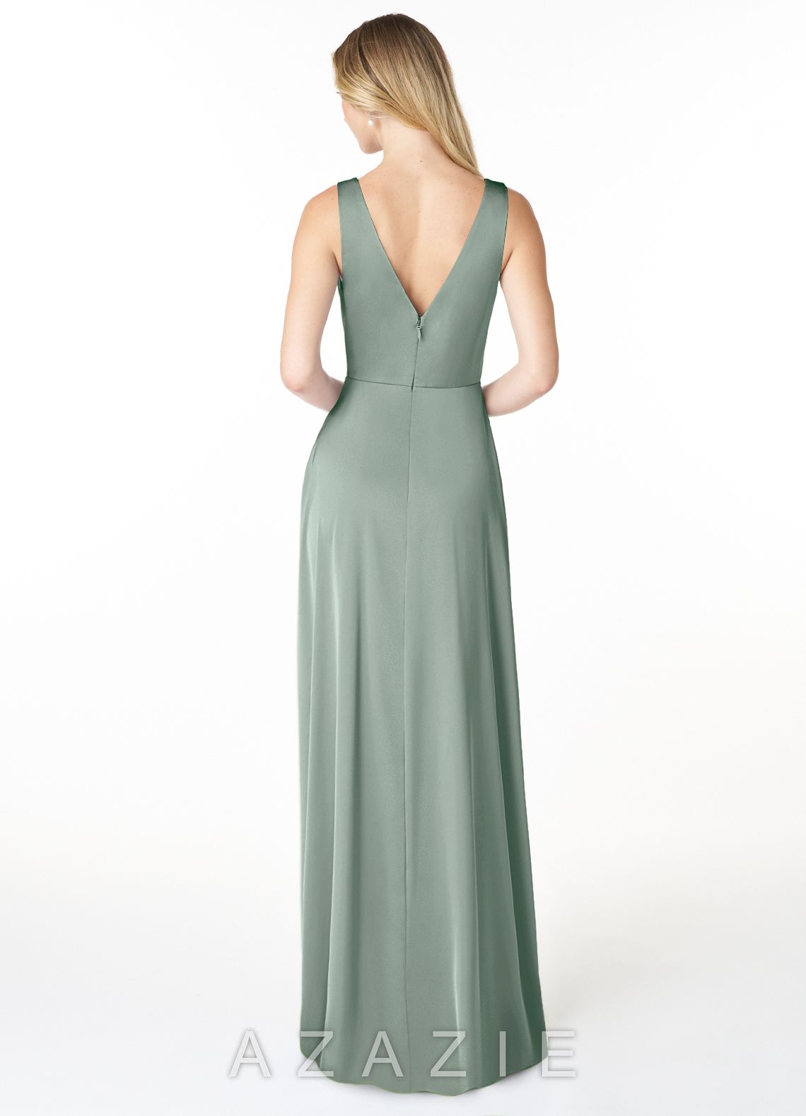 Azazie Nelly Agave A-Line V-Neck Pleated Stretch Satin Dress agave