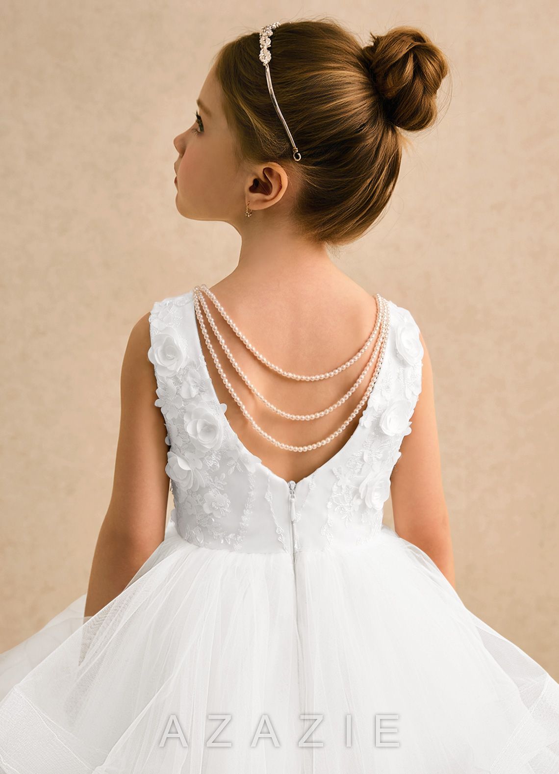 Azazie Claire Ivory Ball-Gown Beaded Tulle Dress ivory