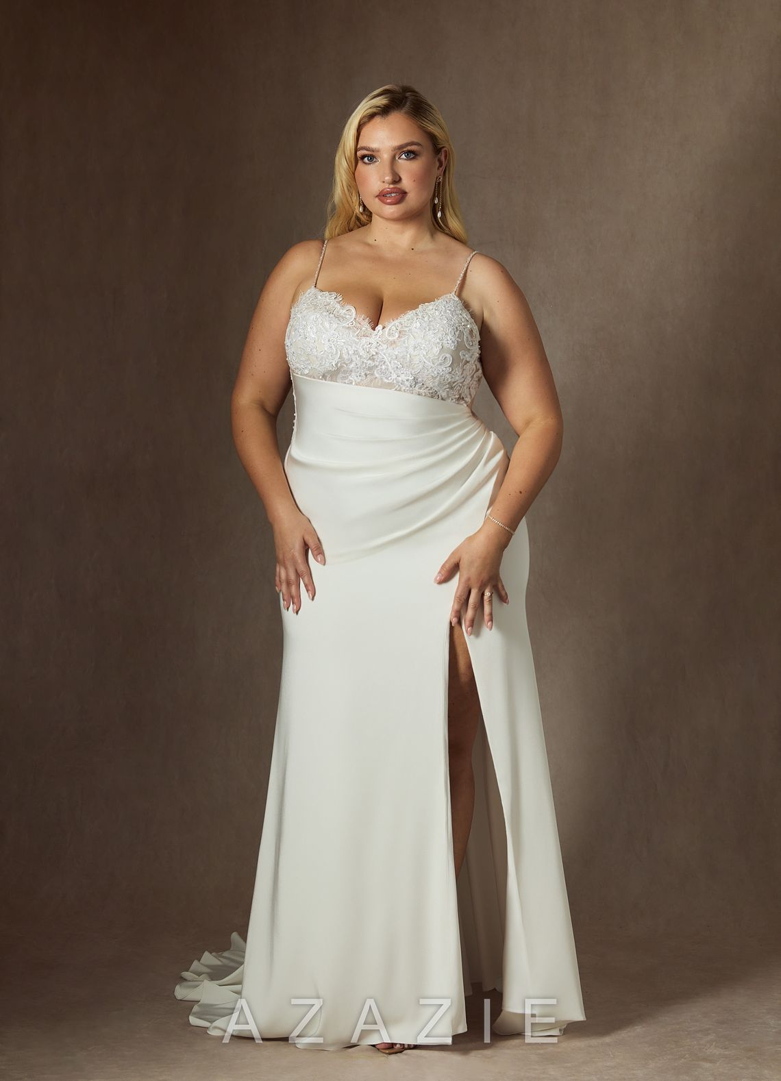 Azazie Nyx Wedding Dress Diamond White Mermaid V-Neck Sequins Stretch Satin Dress diamond_white
