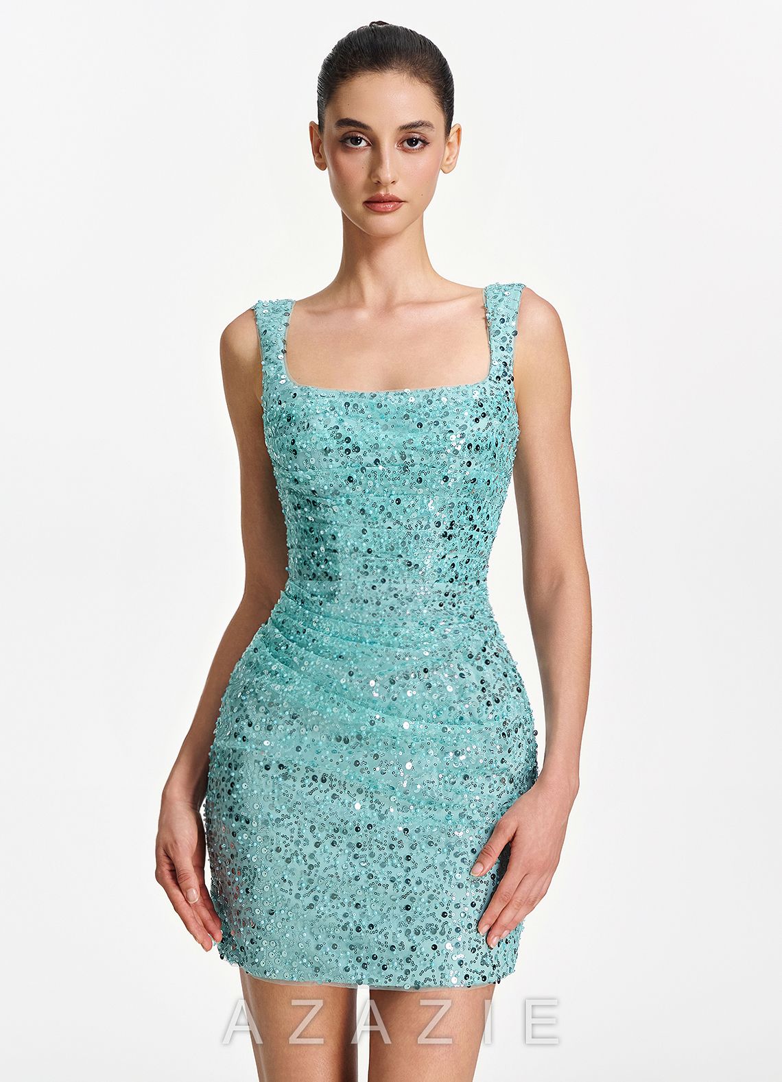 Sylvestrina Lake Blue Beading Sequin Embroidery Stretch Tulle Square-Neck Tank M