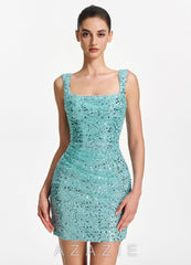 Sylvestrina Lake Blue Beading Sequin Embroidery Stretch Tulle Square-Neck Tank M