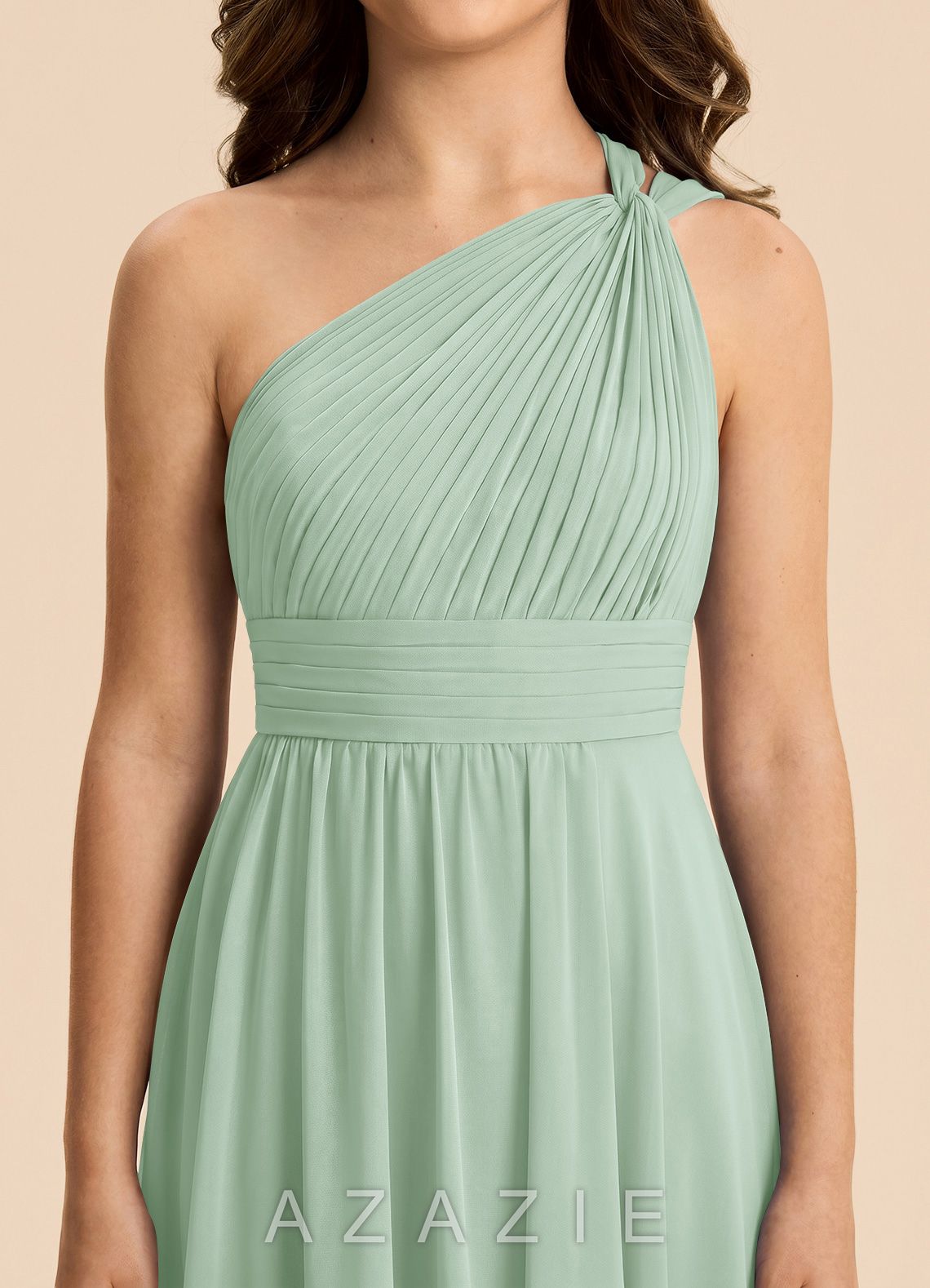 Azazie Skye Junior Agave A-Line Pleated Chiffon Dress agave