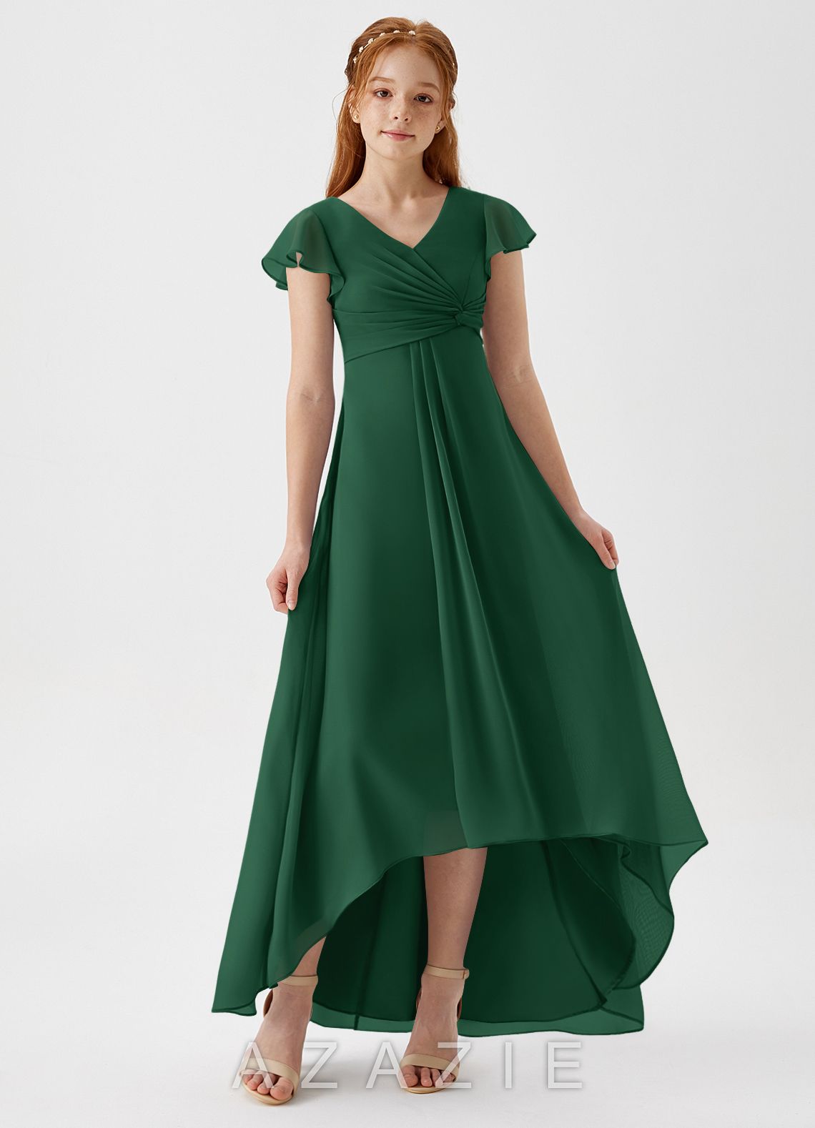 Azazie Breanne Junior Dark Green A-Line Chiffon Dress
