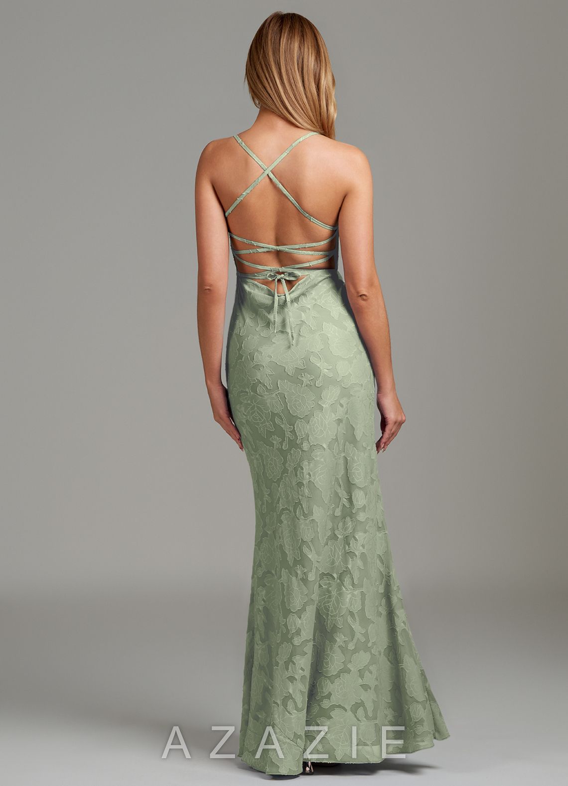 Azazie Ola Agave Mermaid Corset Floral Burnout Dress agave