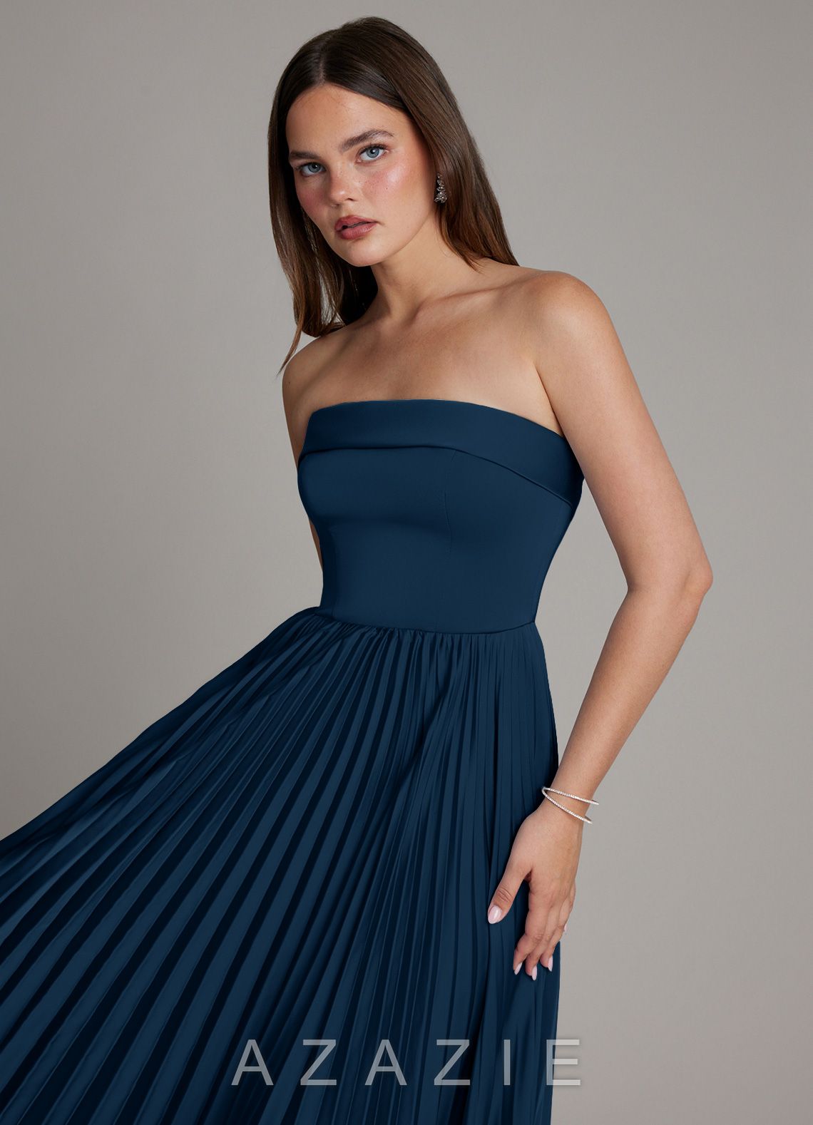 Azazie Mariana Dark Navy A-Line Pleated Stretch Satin Dress dark_navy
