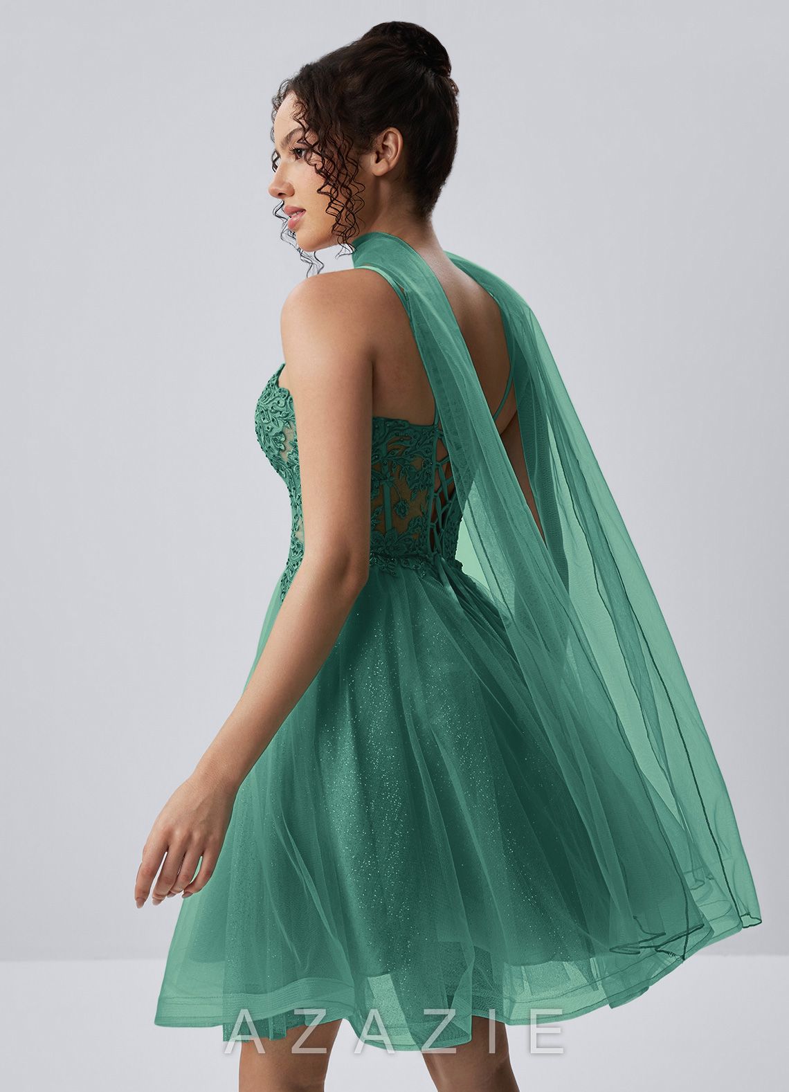 Thalassienne Basil Lace Rhinestones Tulle Mini Dress