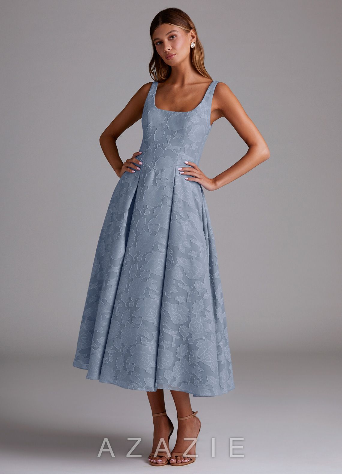 Azazie Amalie Dusty Blue A-Line Pleated Floral Burnout Dress