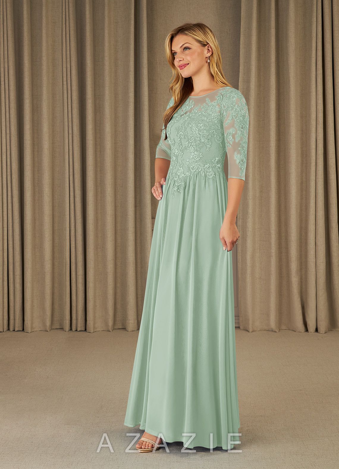 Azazie Mirielle Agave A-Line Scoop Lace Chiffon Dress agave