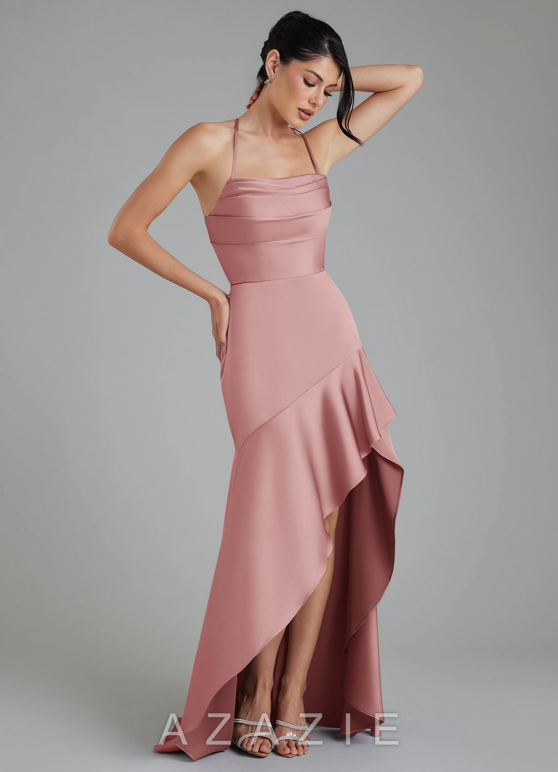 Azazie Jaslene Dusty Rose A-Line Corset Stretch Satin Dress dusty_rose