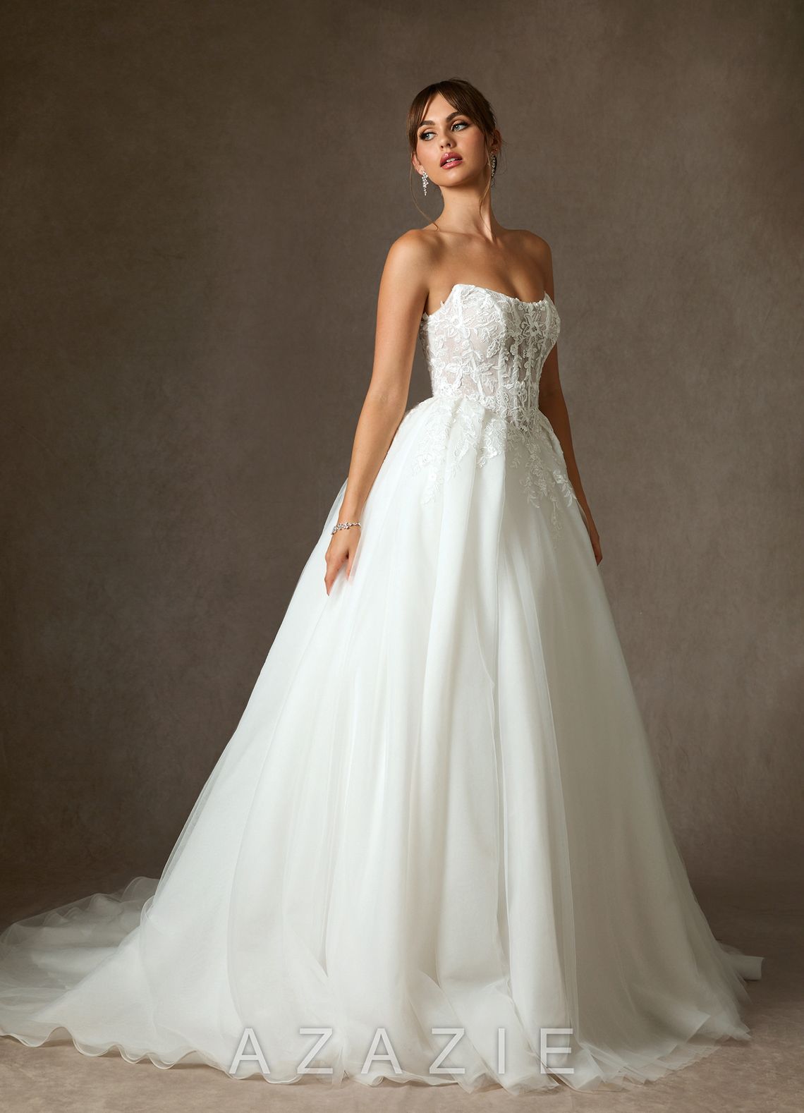 Azazie Ainsley Diamond White Ball-Gown Strapless Lace Dress