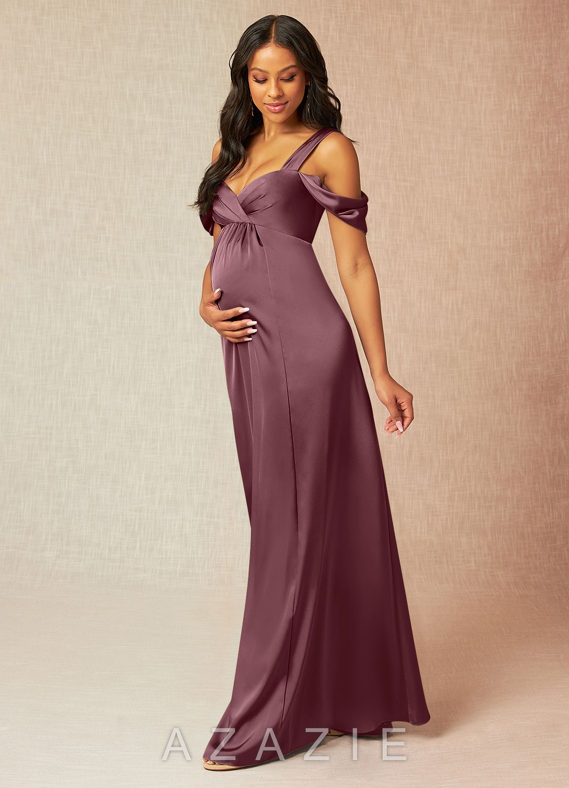 Azazie Rhea Stretch Satin Dress A-Line Off-The-Shouler Pleated Stretch Satin Floor-Length Dress amethyst