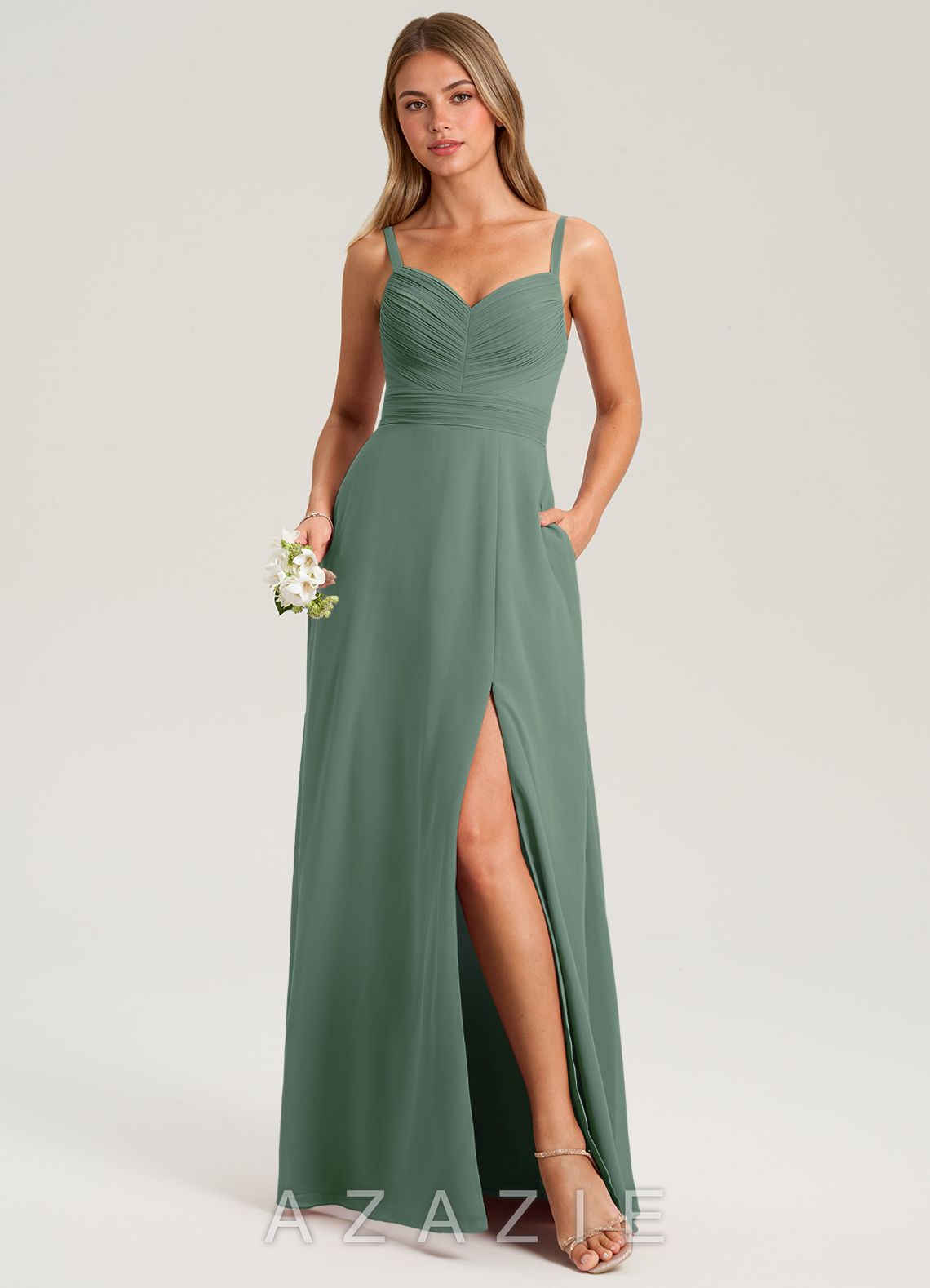 Azazie Terese Eucalyptus A-Line Pleated Chiffon Dress