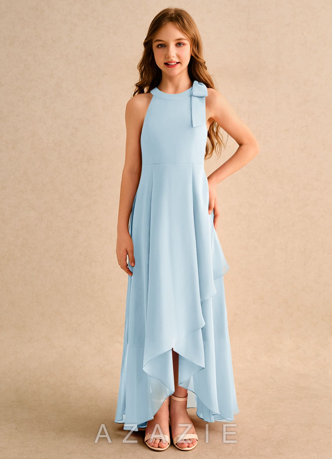 Azazie Boop Girls Formal Sky Blue A-Line Bow Chiffon Dress sky_blue