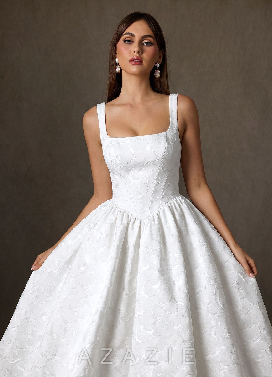Azazie Verina Diamond White A-Line with Pockets Floral Jacquard Dress