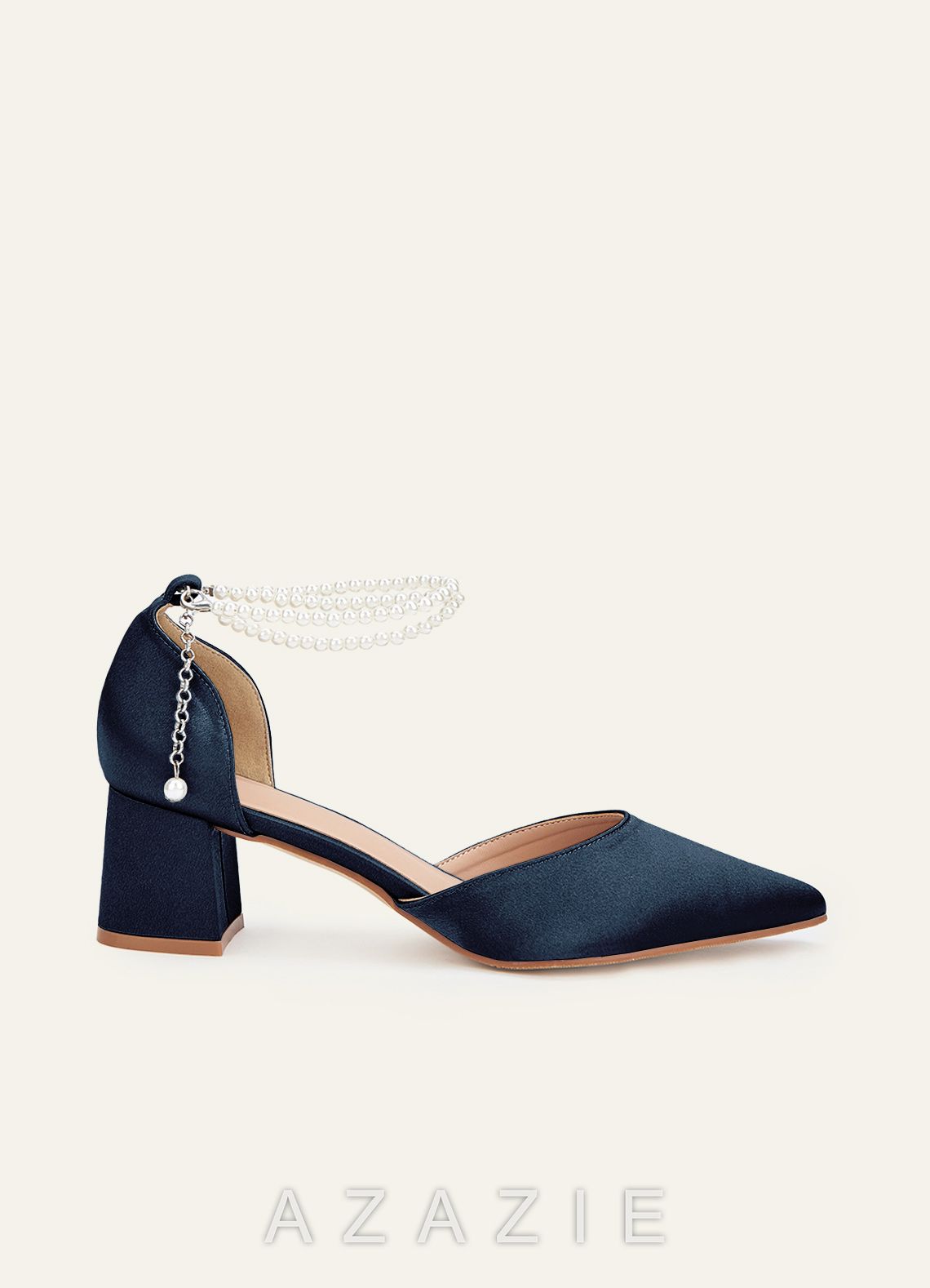 Matching Color Metallic Satin Pearl Strap Pointed Toe Block Heels