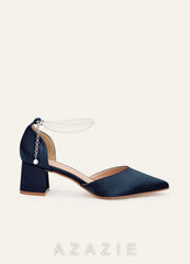 Matching Color Metallic Satin Pearl Strap Pointed Toe Block Heels