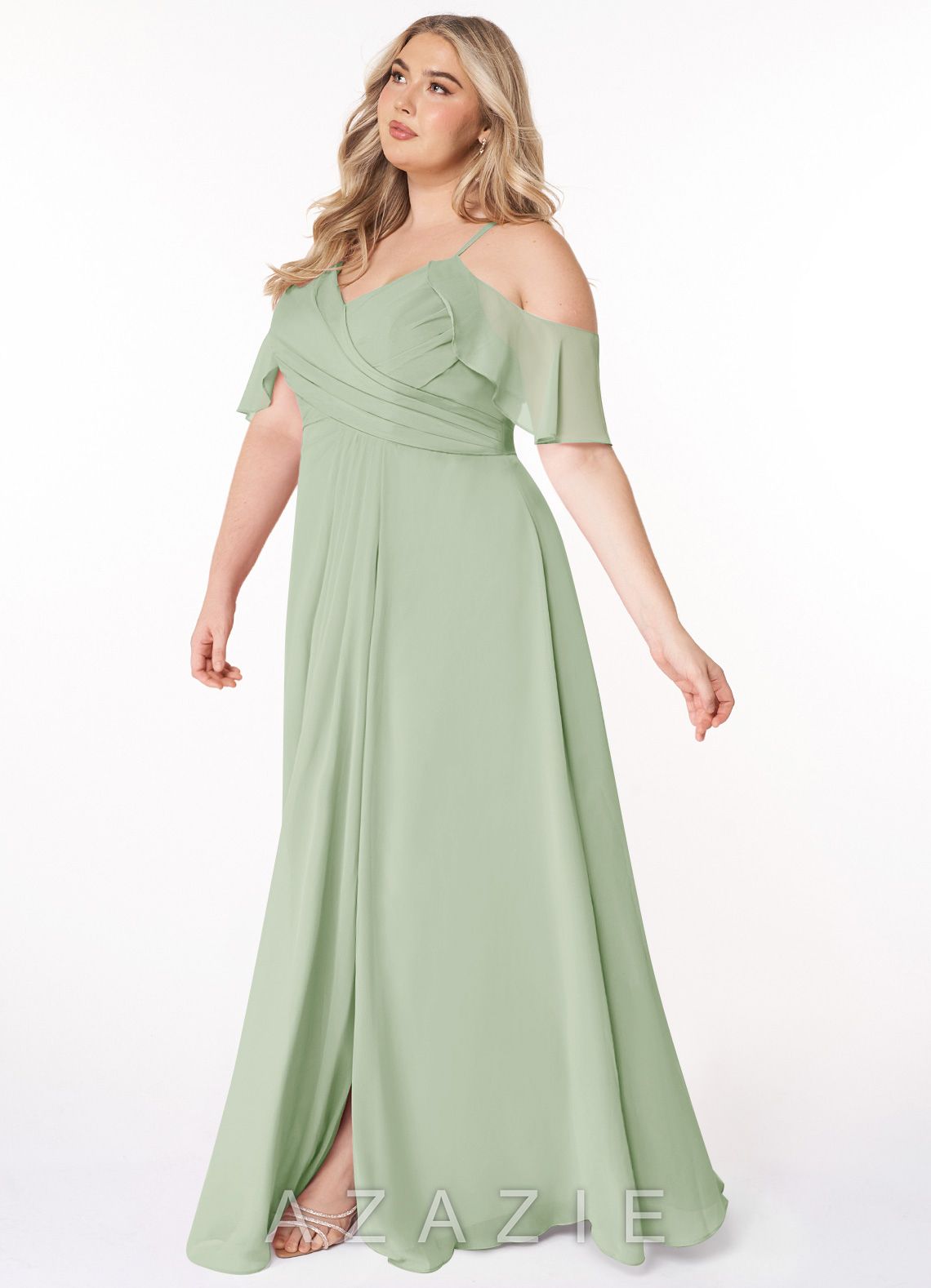 Azazie Dakota Dusty Sage A-Line V-Neck Pleated Chiffon Dress dusty_sage