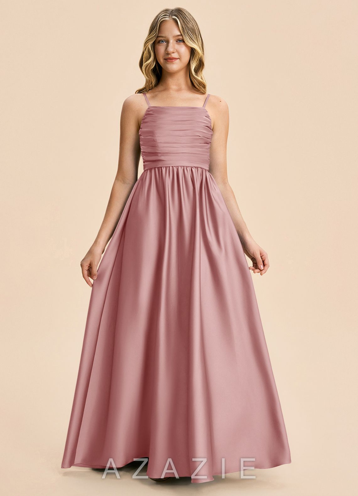 Azazie Kai Junior Dusty Rose A-Line Pleated Stretch Satin Dress dusty_rose