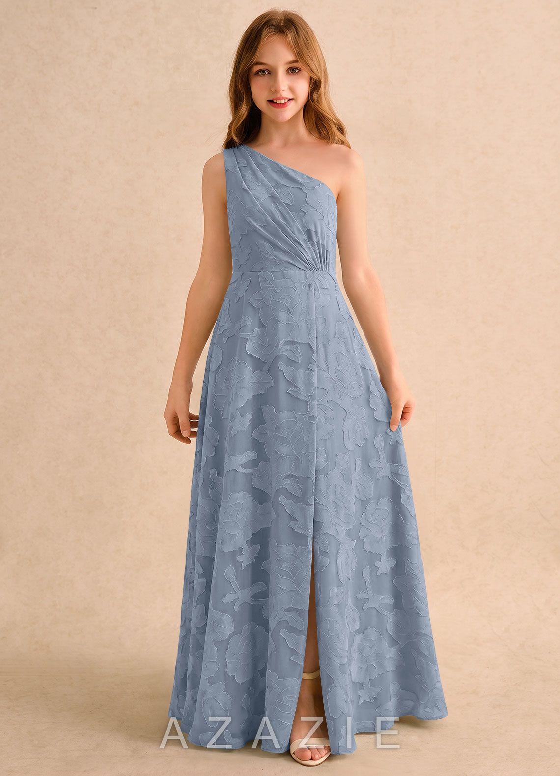 Azazie Pudles Girls Formal Dusty Blue A-Line One Shoulder Floral Burnout Dress