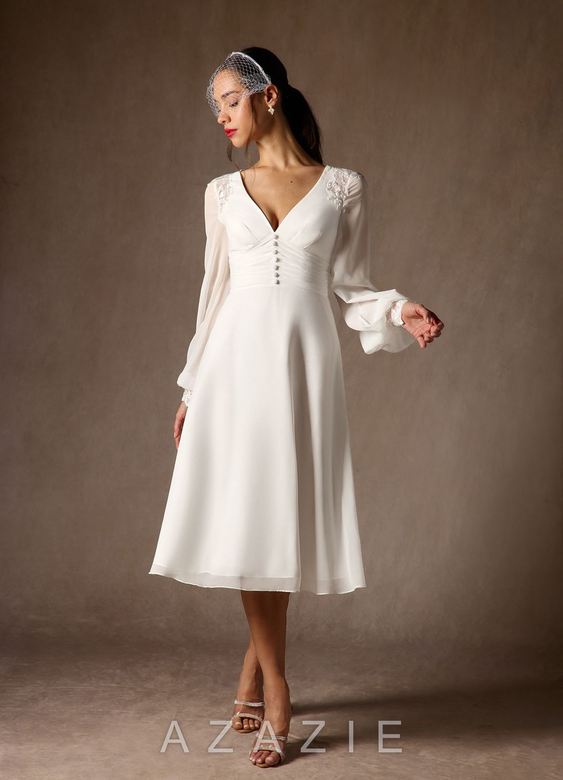 Azazie Amila Wedding Dress Diamond White A-Line V-Neck Lace Chiffon Dress
