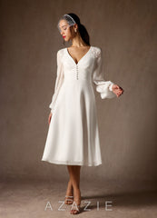 Azazie Amila Wedding Dress Diamond White A-Line V-Neck Lace Chiffon Dress