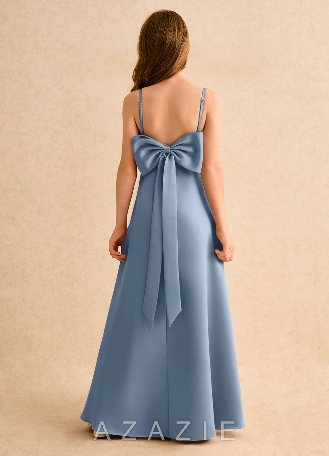 Azazie Joella Girls Formal Dusty Blue A-Line Pleated Matte Satin Dress