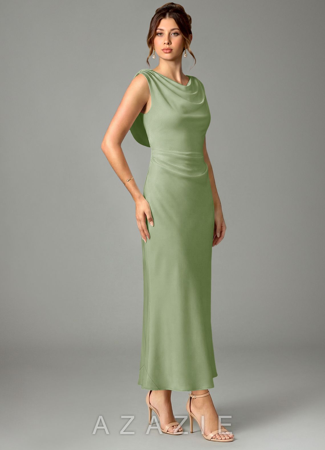 Azazie Kieryn Dusty Sage Mermaid Pleated Stretch Satin Dress dusty_sage