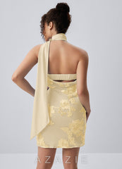 Helene Lemon Sorbet Halter 3D Floral Mesh Open Back Mini Dress