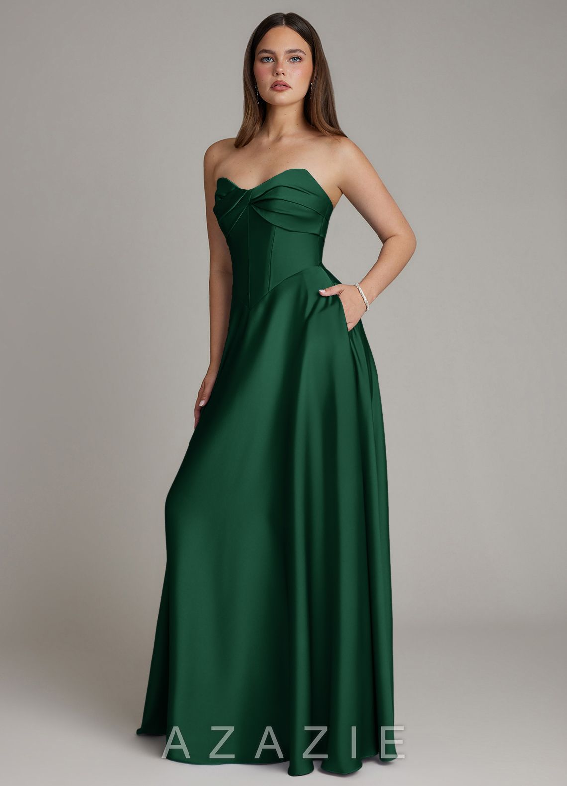 Azazie Meleena Dark Green A-Line Strapless Stretch Satin Dress dark_green