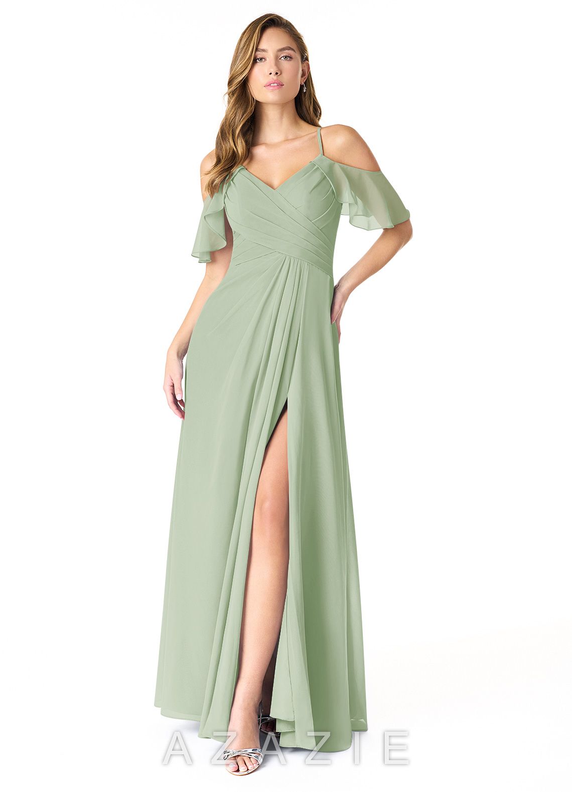 Azazie Dakota Dusty Sage A-Line V-Neck Pleated Chiffon Dress