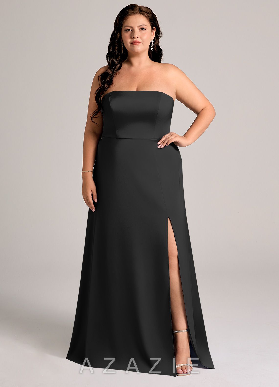 Azazie Wren Black A-Line Strapless Stretch Satin Convertible Dress black
