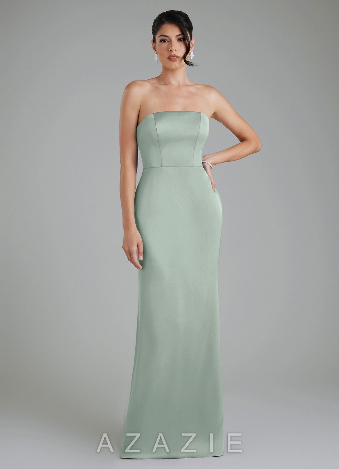 Azazie Tyler Agave Sheath Strapless Stretch Satin Convertible Dress agave