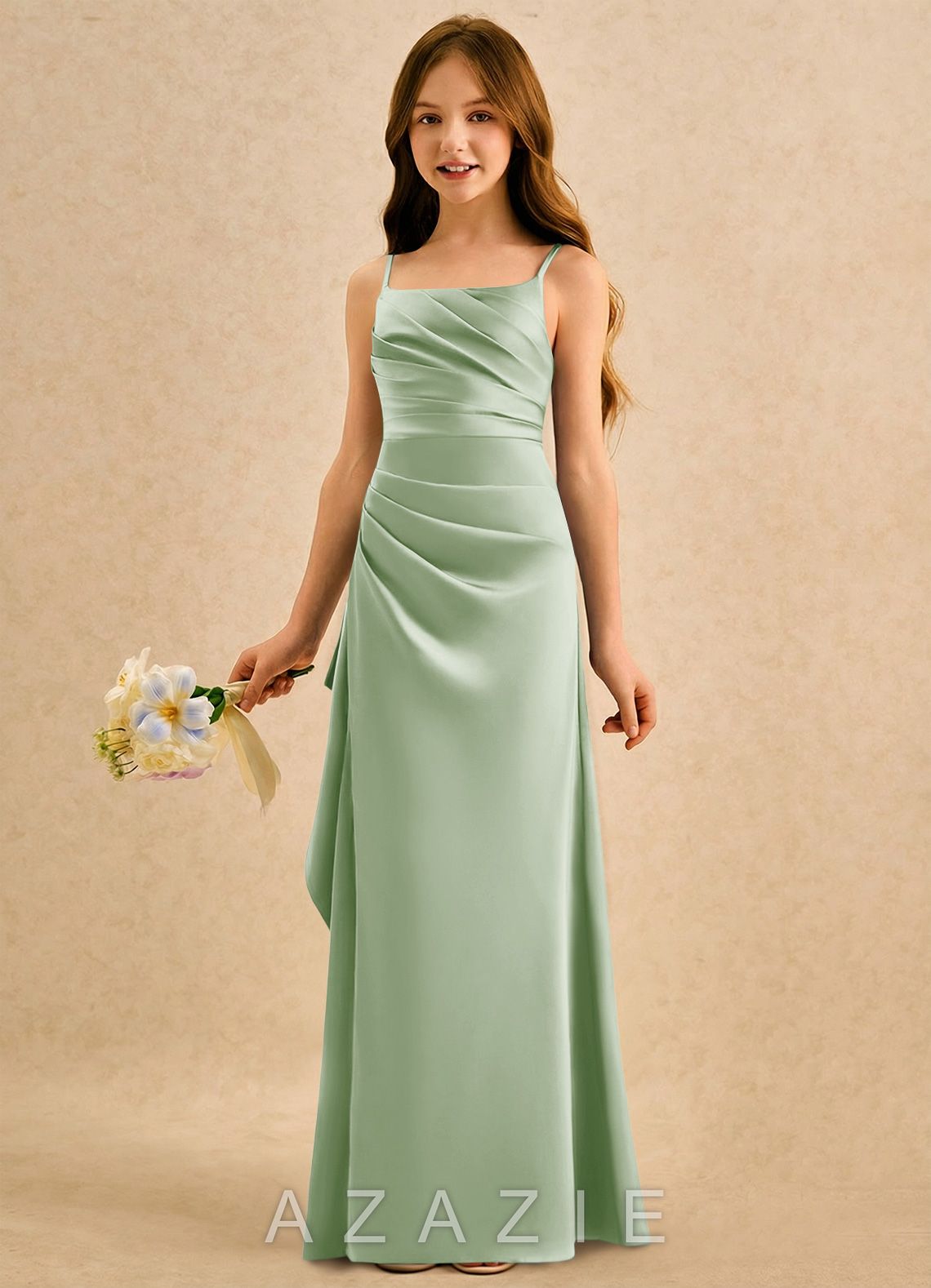 Azazie Cannoli Girls Formal Dusty Sage A-Line Pleated Matte Satin Dress dusty_sage