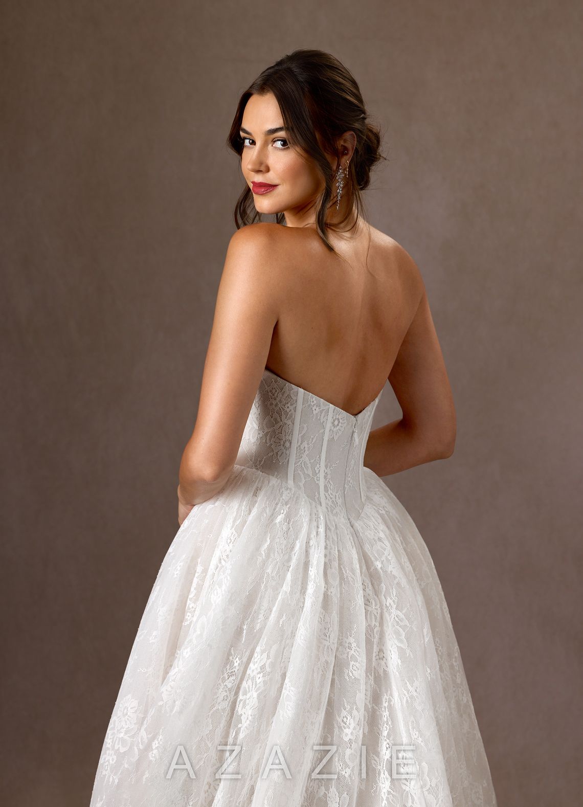 Azazie Demetria Diamond White Ball-Gown Strapless Lace Dress