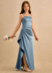 Azazie Cannoli Girls Formal Dusty Blue A-Line Pleated Stretch Satin Dress