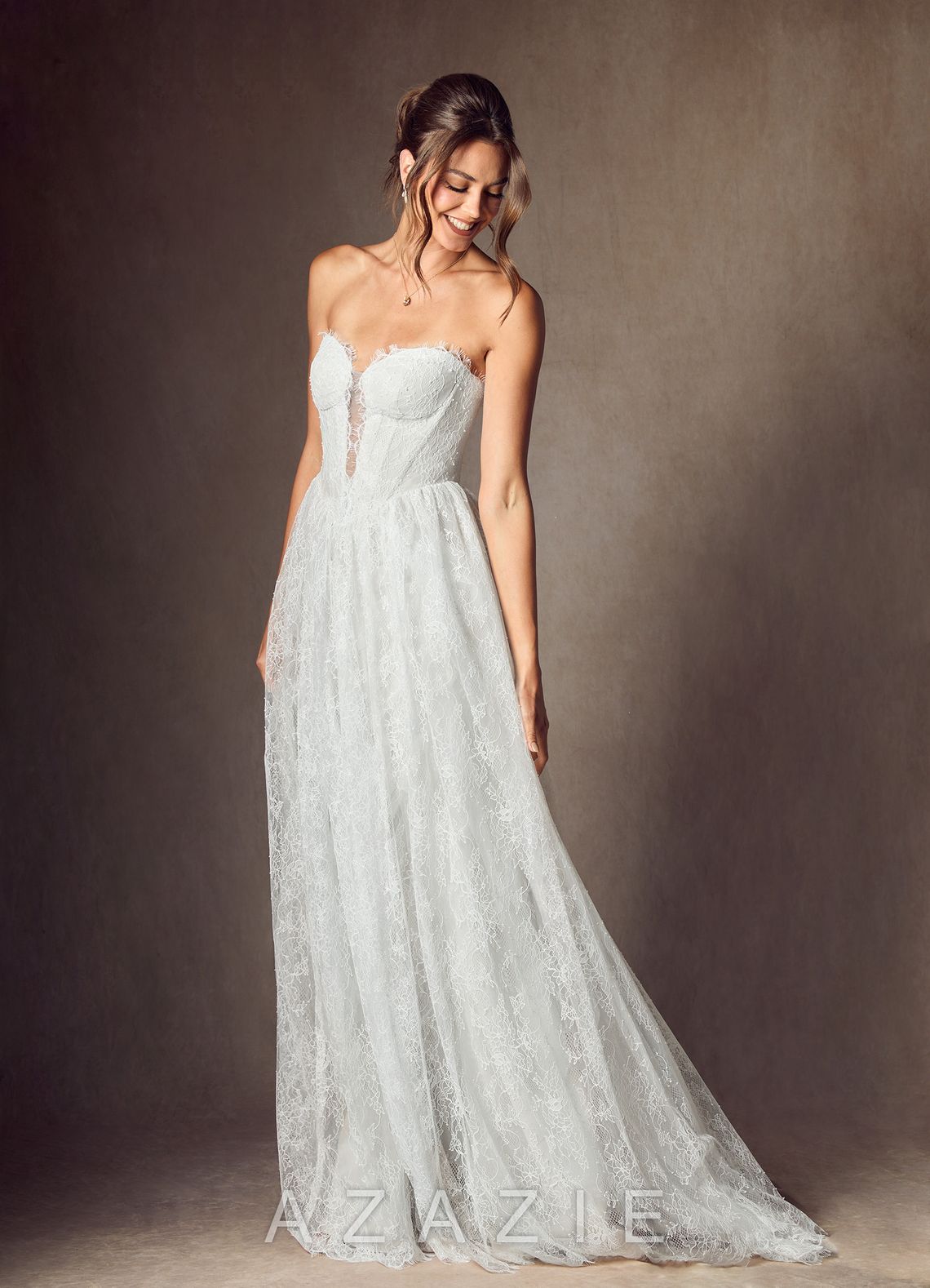 Azazie Lorena Diamond White A-Line Strapless Lace Dress