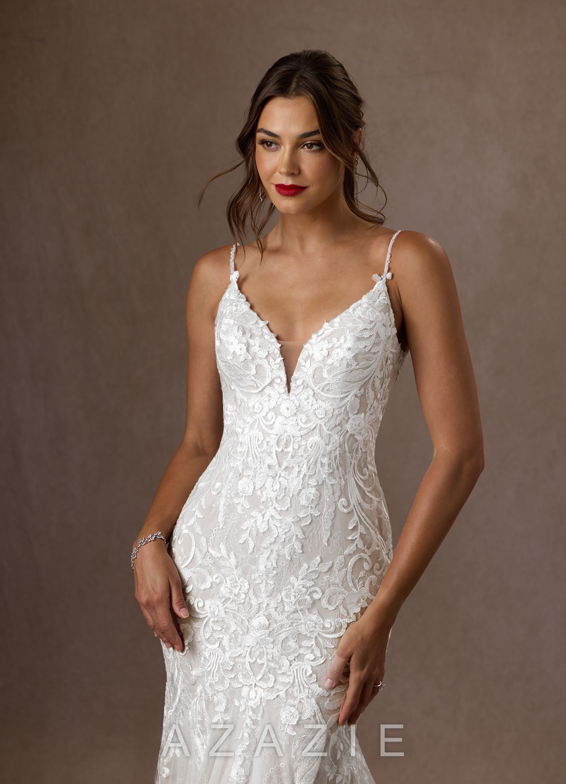 Azazie Camlynn Wedding Dress Diamond White Mermaid V-Neck Sequins Tulle Dress diamond_white