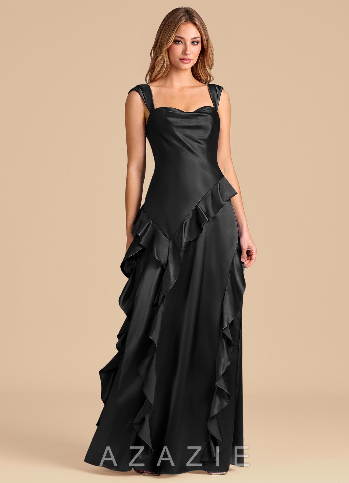 Azazie Sloane Black A-Line Sweetheart Neckline Metallic Satin Dress black