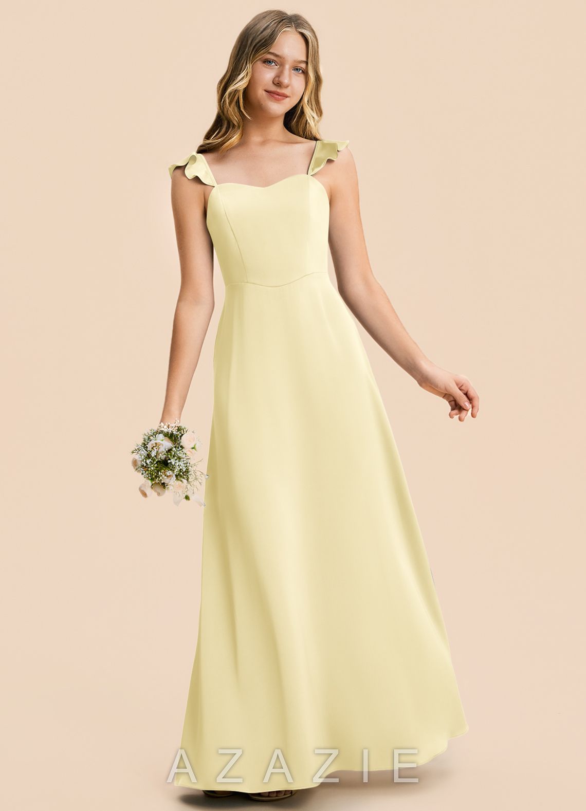 Azazie Mavie Junior Lemon Sorbet A-Line Ruched Stretch Satin Dress lemon_sorbet