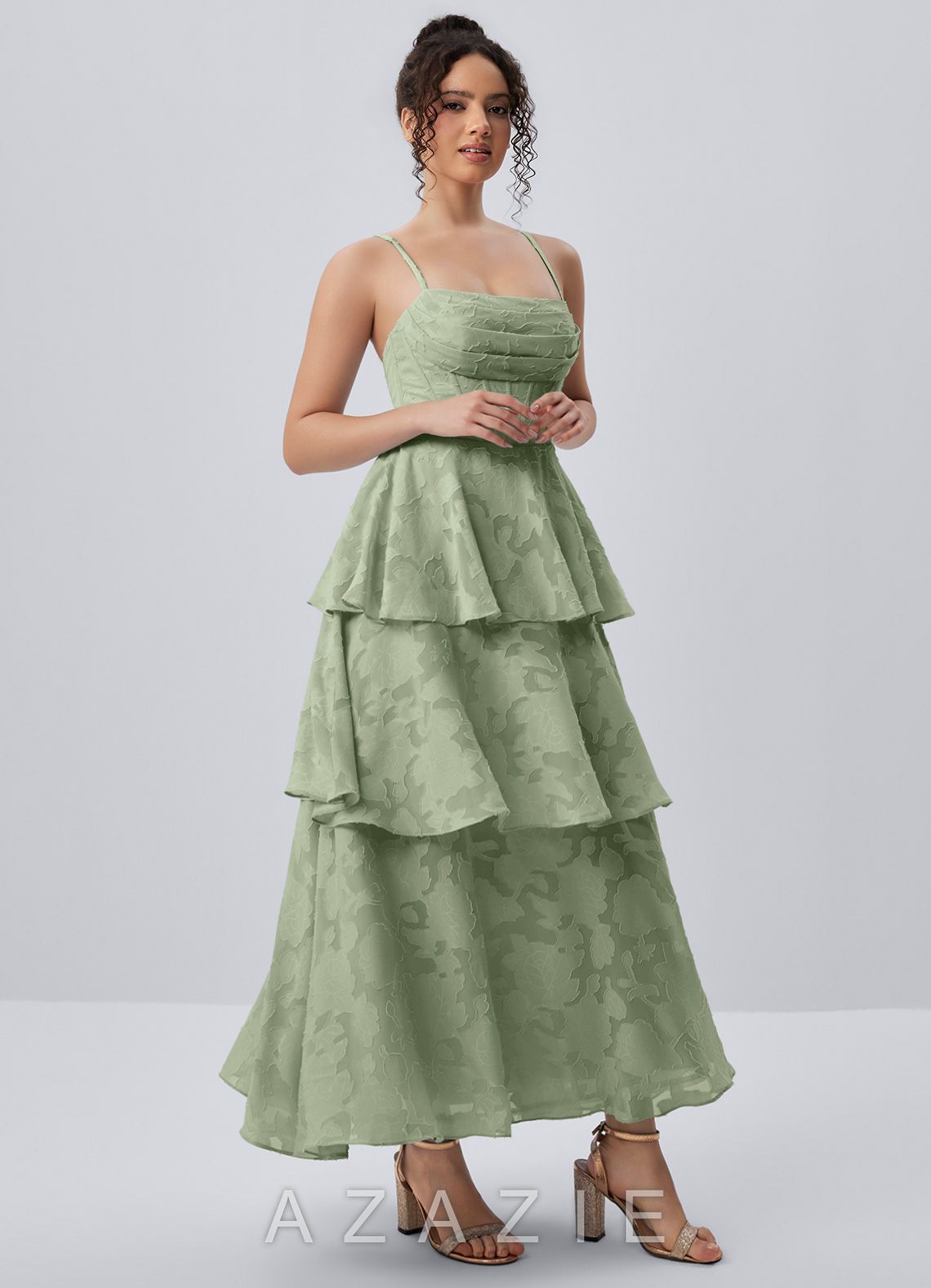 Gabriddy Light Green Jacquard Ruffles Corset Maxi Dress